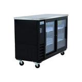 The Empura Refrigeration Back Bar Cooler features two sliding glass doors, a stainless steel top, adjustable shelves, and sits on four caster wheels. Its control panel and vents are on the left side, with the Empura brand name displayed on the front.
