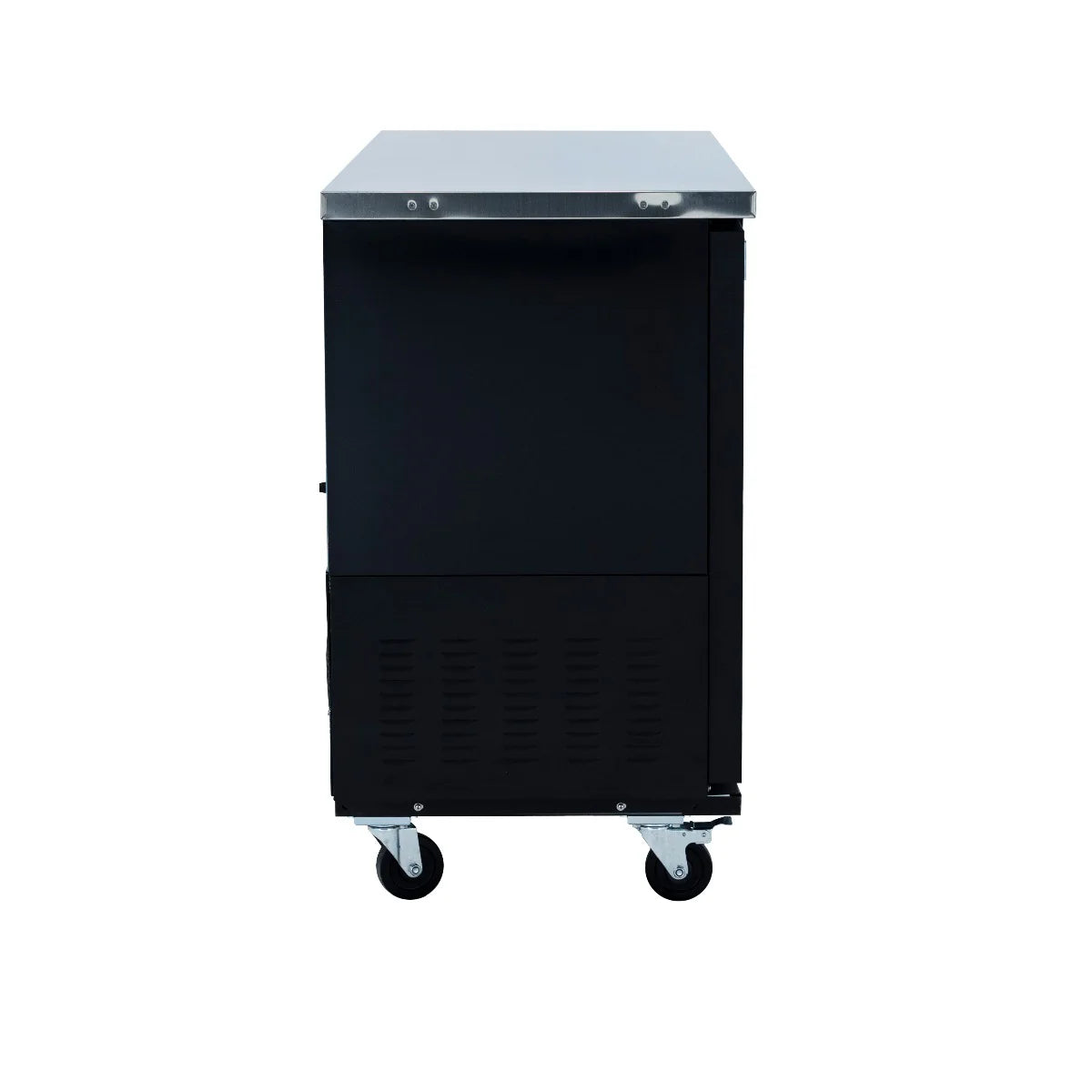 Black and stainless steel Empura Refrigeration commercial refrigerator or freezer with a single door, viewed from the front on four caster wheels. The matte black body features ventilation grilles near the bottom against a white background.