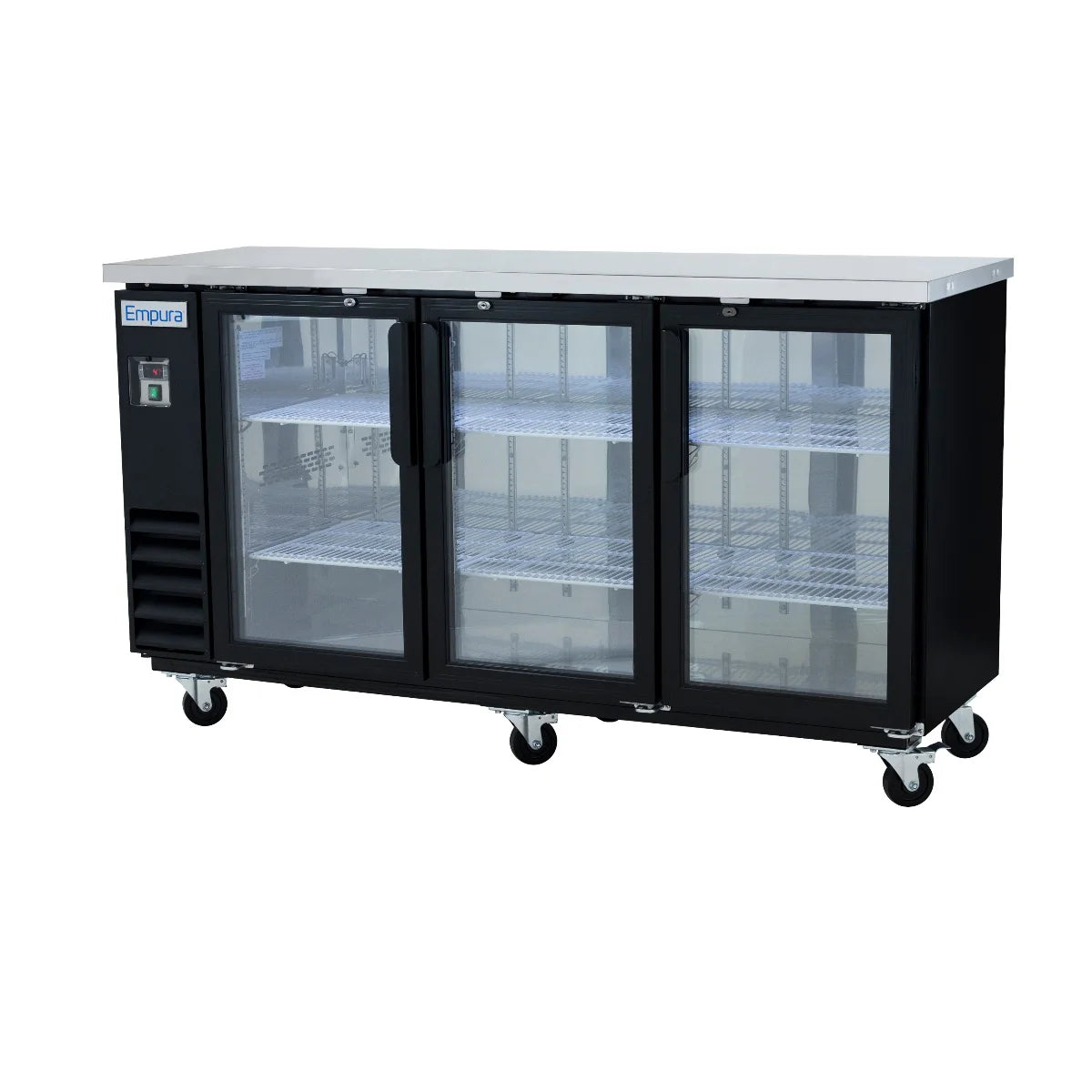 A commercial black Back Bar Cooler by Empura Refrigeration, this three glass door cooler features metal shelves, a stainless steel top, four caster wheels for mobility, and a digital control panel. The “Empura” brand name is visible on the top left.