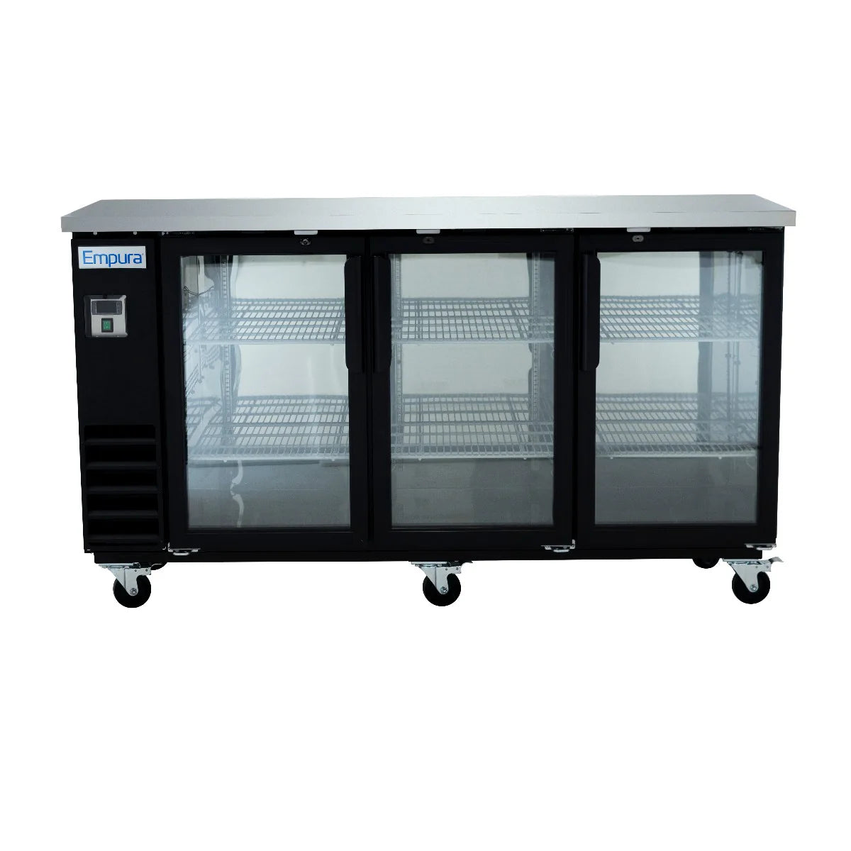 A commercial Empura Refrigeration back bar cooler with three glass doors, wire shelves inside, and four caster wheels. The unit features a stainless steel top and a small control panel on the left side labeled Empura.