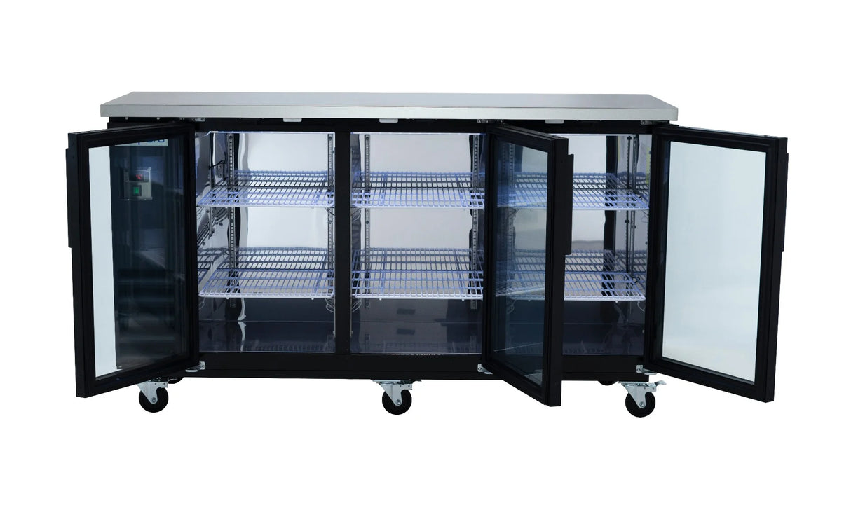 A commercial Empura Refrigeration glass door cooler with three open doors reveals six wire shelves inside. Mounted on four caster wheels, this back bar cooler boasts a modern, professional design ideal for kitchens or food service settings.