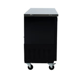 Black Empura Refrigeration back bar cooler viewed from the side, with a stainless steel top, vent panel near the bottom, door on the right, and four caster wheels for mobility, set against a white background.