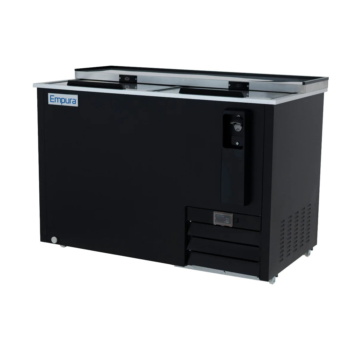 A black commercial bottle cooler from Empura Refrigeration features sliding glass doors, a flat silver top, and a digital control panel. Vent grilles and small wheels offer mobility, while the Empura label marks the upper left corner.