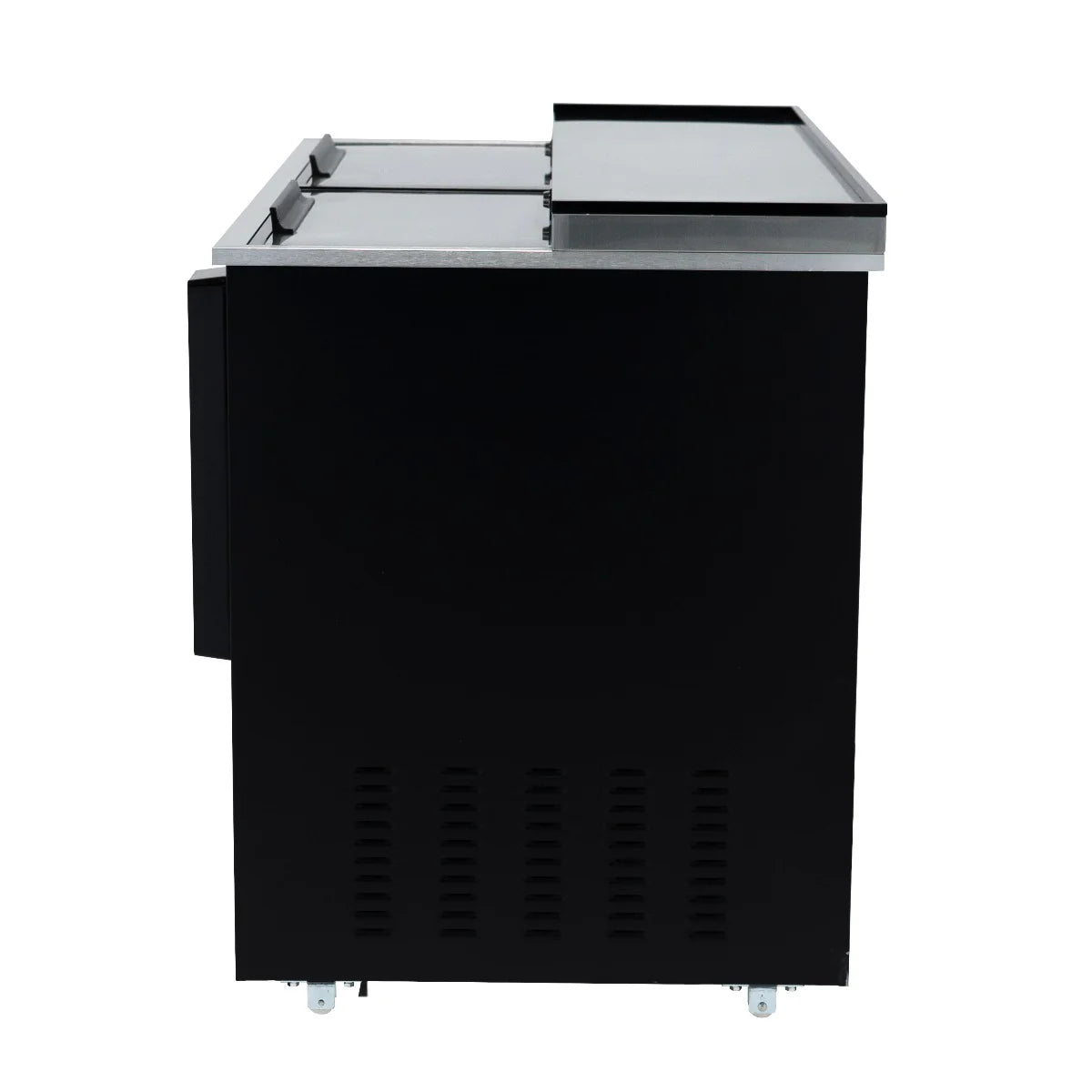 Side view of an Empura Refrigeration black bottle cooler with a flat top and sliding doors. The unit is on small wheels, has a vent near the bottom, and features stainless steel trim along the top edge. The background is completely white.