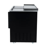 Side view of an Empura Refrigeration black bottle cooler with a flat top and sliding doors. The unit is on small wheels, has a vent near the bottom, and features stainless steel trim along the top edge. The background is completely white.