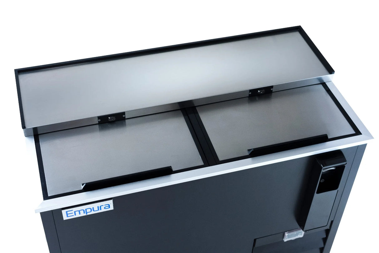 A commercial bottle cooler with a stainless steel top and two sliding doors, slightly open. The black, rectangular sliding door bottle cooler features an “Empura” logo in blue and white on the front near the left side.