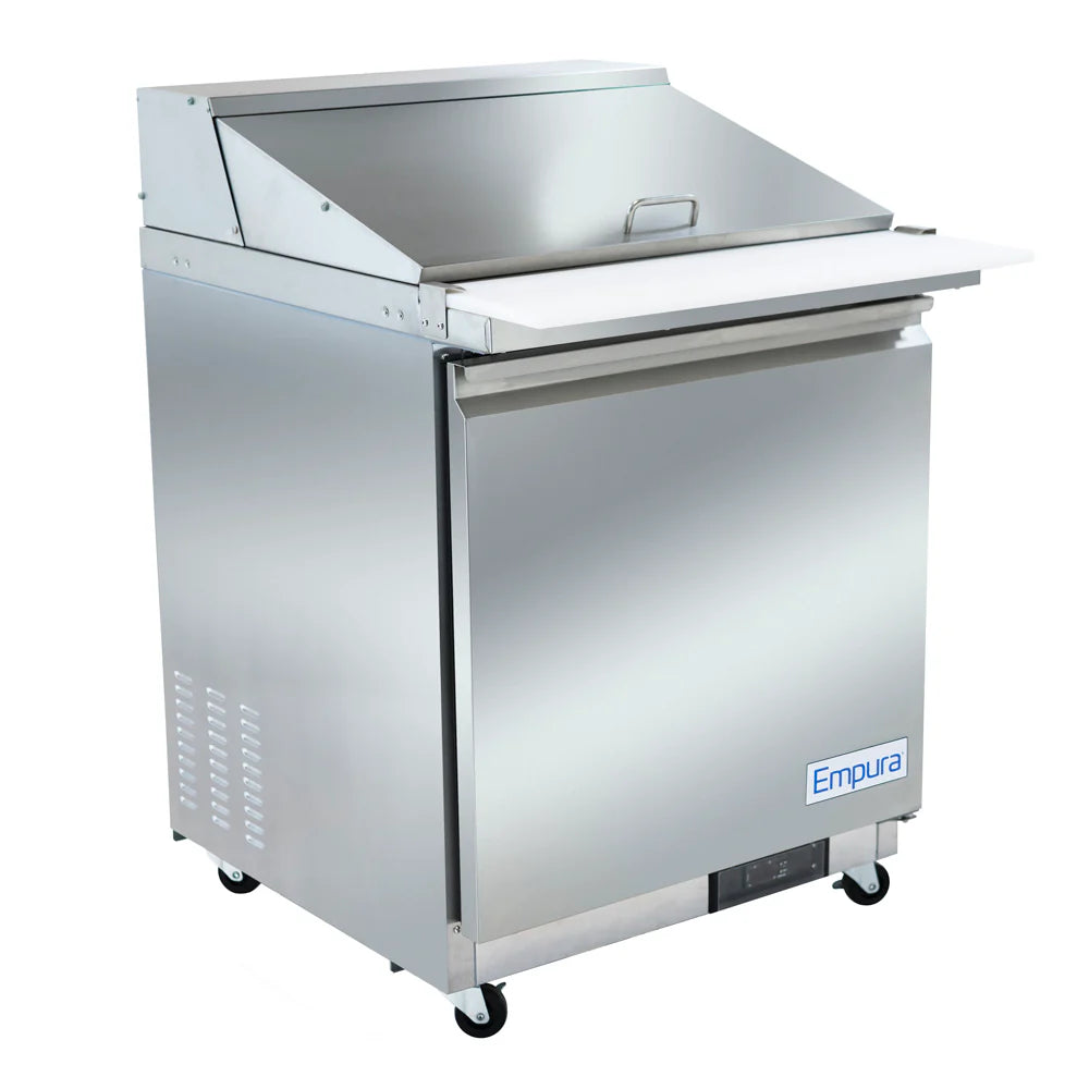 A modern, industrial Empura refrigeration unit, this stainless steel refrigerated sandwich prep table features a closed lid, white cutting board surface, one door, small wheels, and the Empura logo on the front lower right corner.