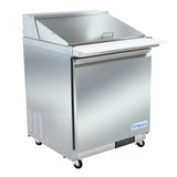 A modern, industrial Empura refrigeration unit, this stainless steel refrigerated sandwich prep table features a closed lid, white cutting board surface, one door, small wheels, and the Empura logo on the front lower right corner.