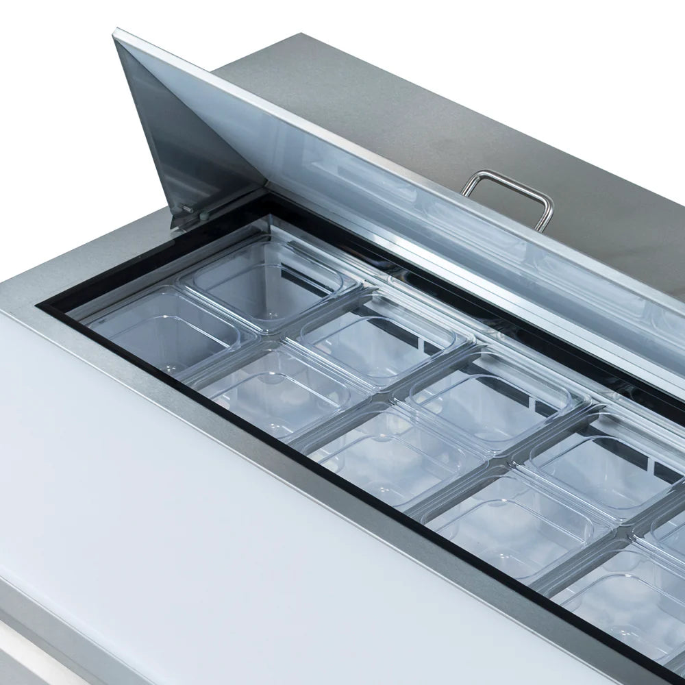 A close-up view of an open Empura Refrigeration salad prep table with a hinged lid. Inside, multiple clear rectangular containers are arranged in rows for storing ingredients, all set into a refrigerated compartment.