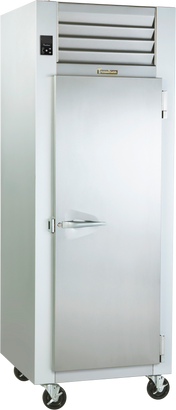A tall, stainless steel reach-in refrigerator with a single solid door, horizontal handle, vented top section, digital control panel, and four black caster wheels. Its clean, industrial exterior makes this ENERGY STAR commercial refrigerator highly efficient.