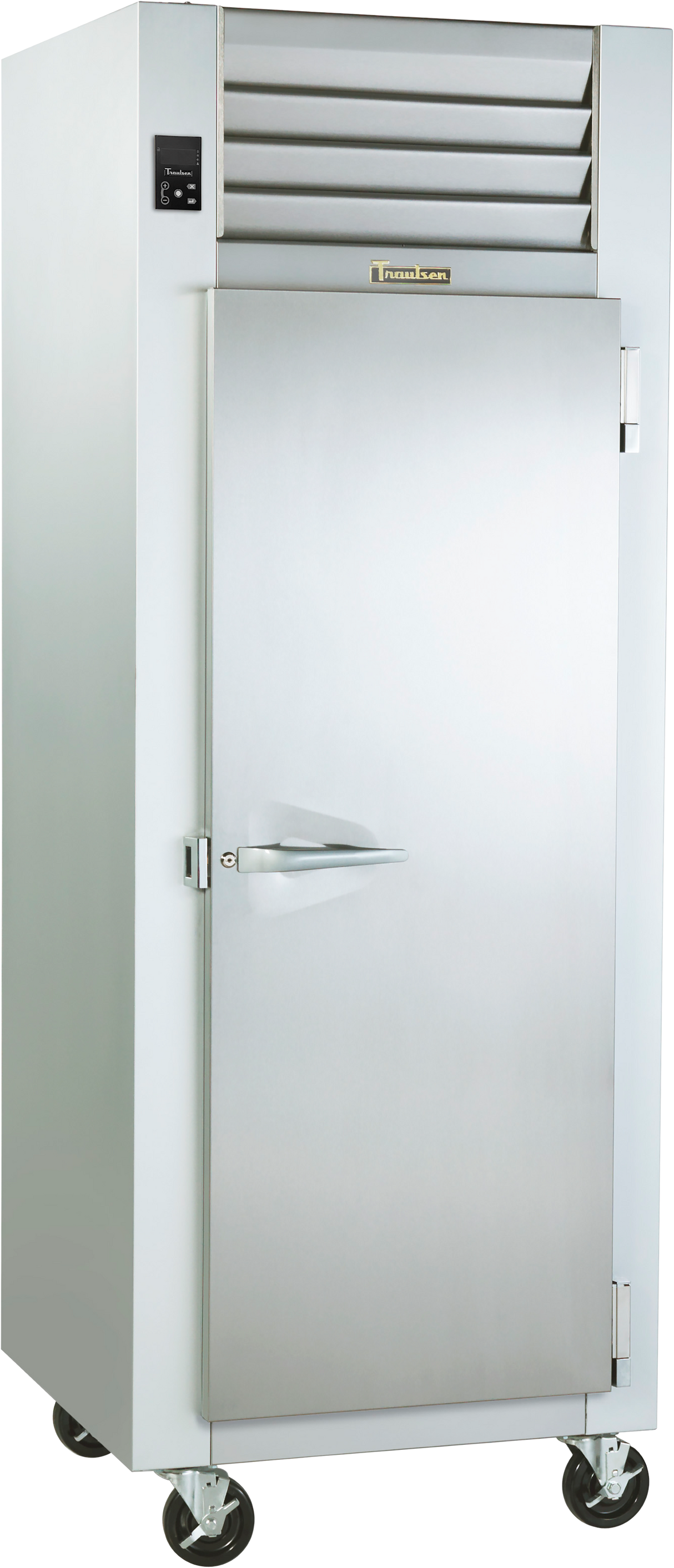 A large, industrial Traulsen G10010 reach-in refrigerator stands on four wheels. It has a single solid door with a sturdy handle, ventilation slats at the top, and an ENERGY STAR label. A digital control panel sits on the clean, reflective front.