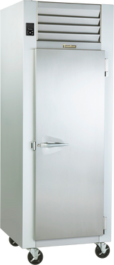 A large, industrial Traulsen G10010 reach-in refrigerator stands on four wheels. It has a single solid door with a sturdy handle, ventilation slats at the top, and an ENERGY STAR label. A digital control panel sits on the clean, reflective front.