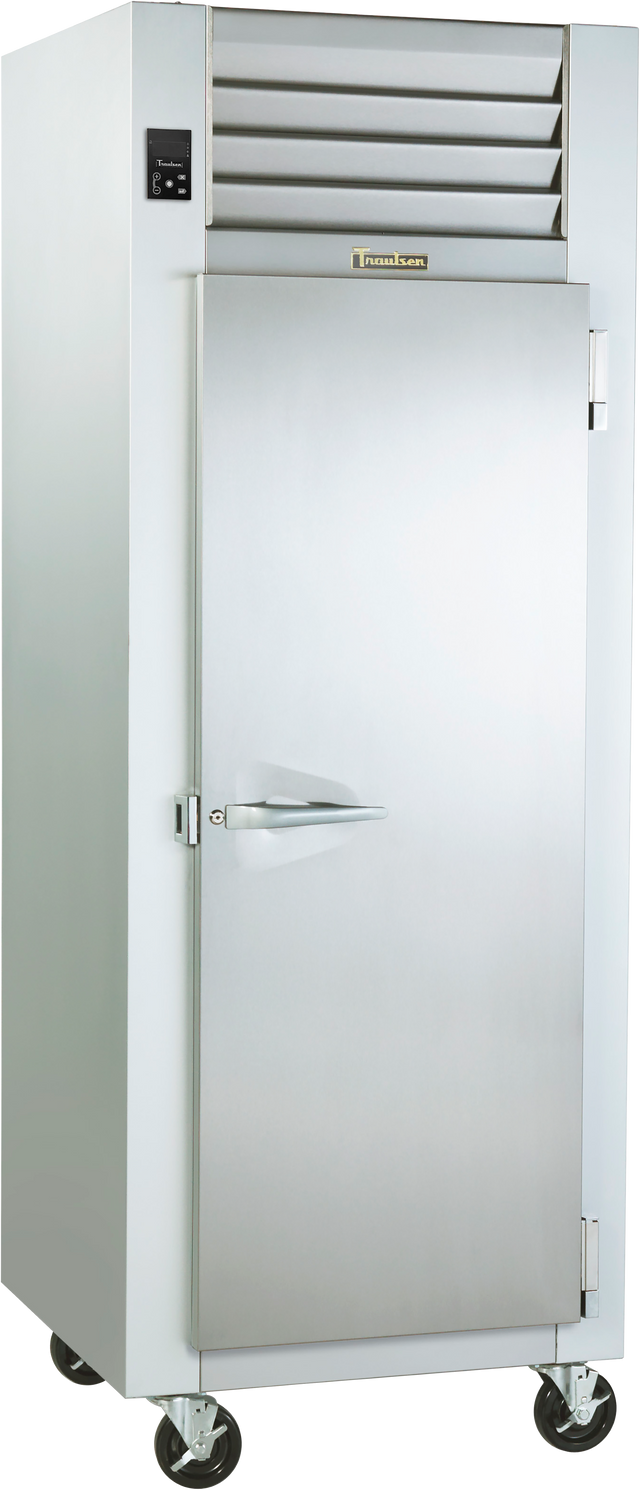 A large, industrial Traulsen G10010 reach-in refrigerator stands on four wheels. It has a single solid door with a sturdy handle, ventilation slats at the top, and an ENERGY STAR label. A digital control panel sits on the clean, reflective front.