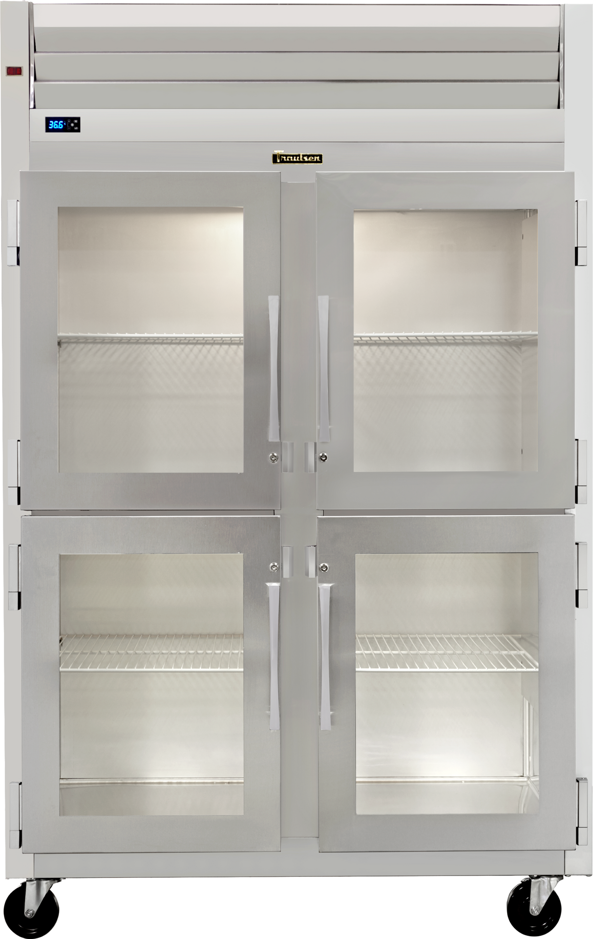 A large Traulsen commercial stainless steel reach-in refrigerator with four glass doors, metal handles, and visible wire shelves inside. The unit includes wheels, top ventilation, and a digital temperature display on the upper left.