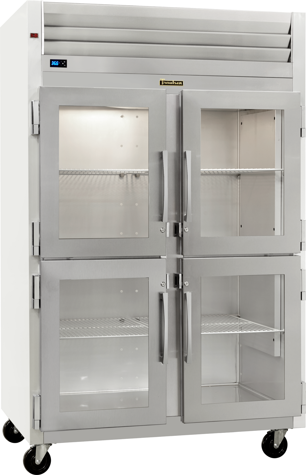 A large commercial stainless steel reach-in refrigerator with four glass doors, metal handles, adjustable wire shelves, wheels at the base, and a digital temperature display on the upper left corner. This ENERGY STAR unit’s interior is empty and well-lit.
