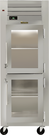 A stainless steel, commercial glass door refrigerator with two doors, digital temperature display, and ventilated top section. The ENERGY STAR refrigerator features wire shelves inside and stands on four black caster wheels for easy mobility.