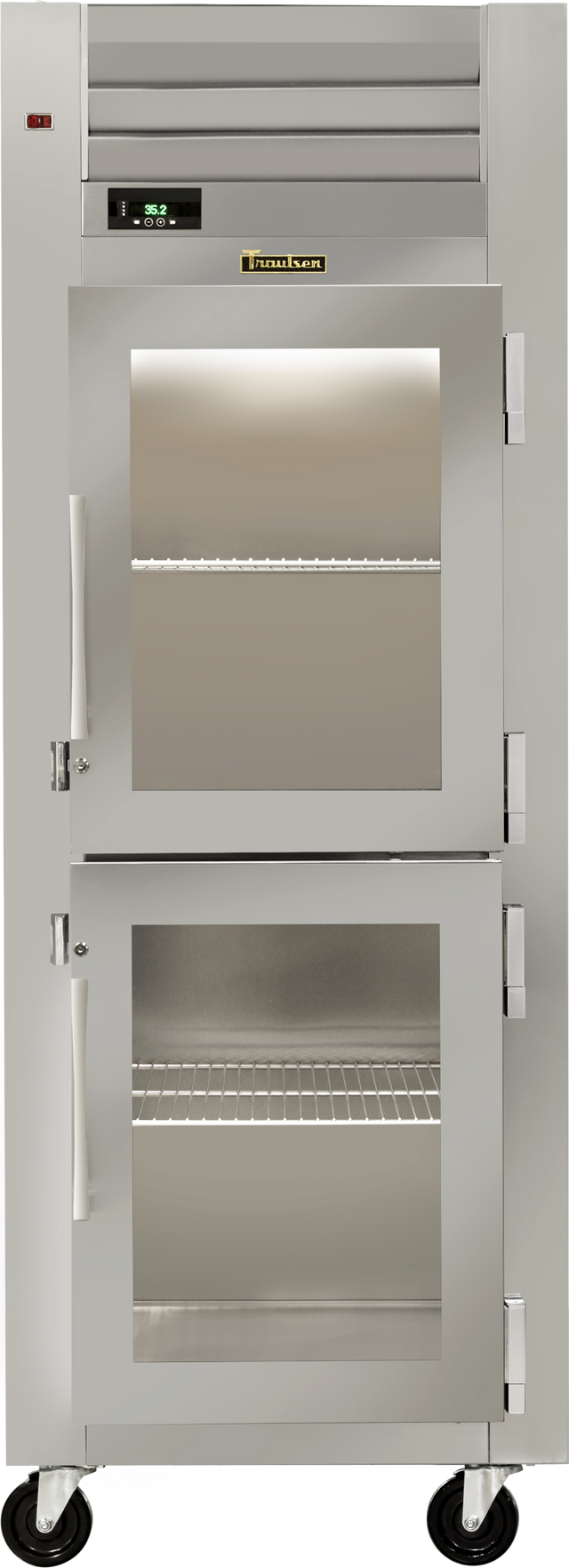 A stainless steel, commercial glass door refrigerator with two doors, digital temperature display, and ventilated top section. The ENERGY STAR refrigerator features wire shelves inside and stands on four black caster wheels for easy mobility.