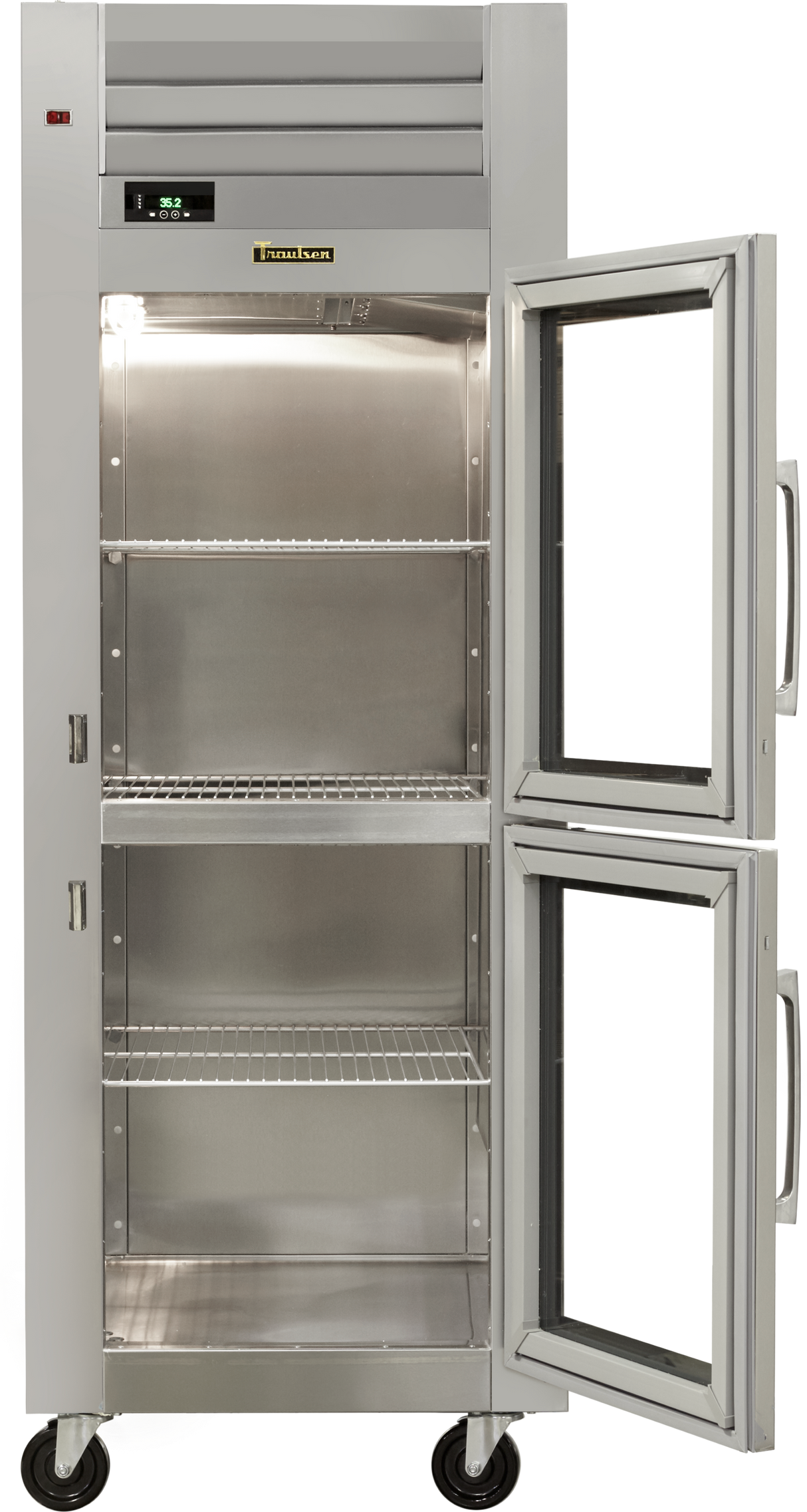 A tall, stainless steel ENERGY STAR glass door refrigerator with four wheels, a digital temperature display, three wire shelves, and two glass-paneled doors—top open and bottom closed—reveals the empty interior.