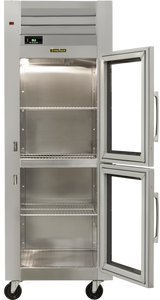A tall, stainless steel ENERGY STAR glass door refrigerator with four wheels, a digital temperature display, three wire shelves, and two glass-paneled doors—top open and bottom closed—reveals the empty interior.