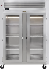 A Spec-Line stainless steel reach-in display refrigerator with two clear glass doors, metal handles, and four wire shelves. It features a digital temperature display on top, caster wheels for mobility, and a clean, empty interior.