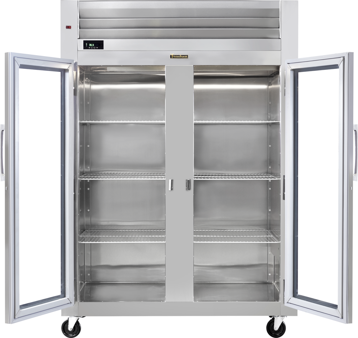 A large, commercial glass door refrigerator with two open doors reveals multiple empty wire shelves inside. This reach-in display refrigerator features wheels on the bottom and a digital temperature display at the top.