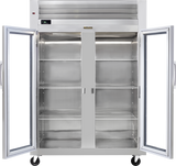 A large Spec-Line stainless steel reach-in display refrigerator with double glass doors stands open, revealing three adjustable wire shelves per side. The interior is empty, with wheels for portability and a digital display at the top.