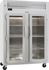 This Spec-Line Refrigerator by Traulsen is a large commercial reach-in display unit with two glass doors, metal handles, three wire shelves per section, four black caster wheels, and a digital temperature display on the top left.
