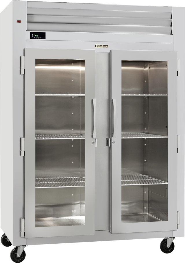 A large Spec-Line Refrigerator with double glass doors, interior wire shelves, and center handles. This stainless steel reach-in display unit features casters for mobility, ventilation slats at the top, and a digital temperature display.