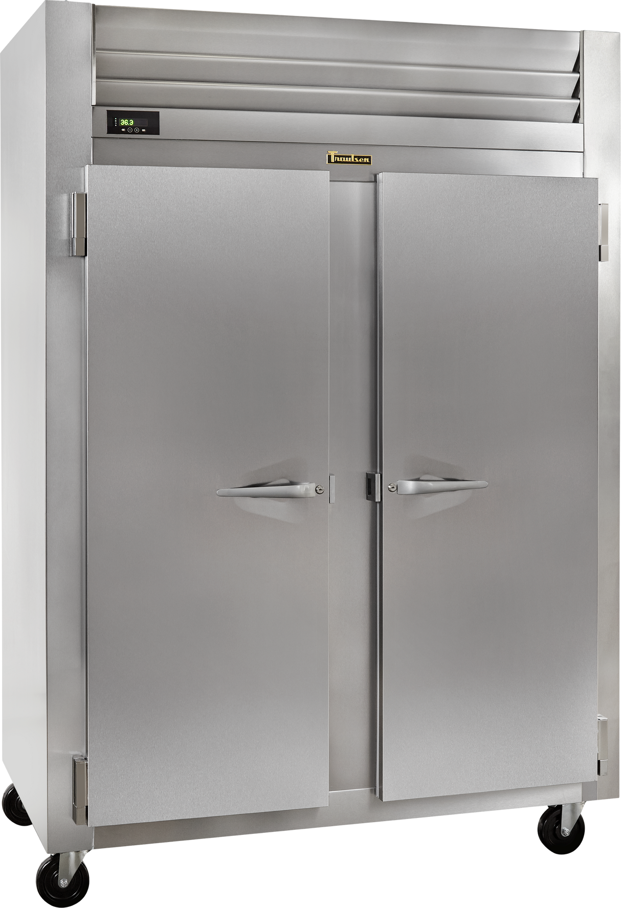 A large Spec-Line Refrigerator with two doors, sturdy handles, a digital control panel, and black wheels for mobility. This industrial-style stainless steel refrigerator is ideal for restaurant or kitchen use.