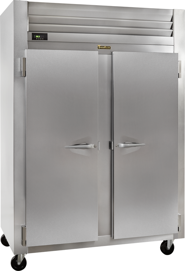 A large Spec-Line Refrigerator with two doors, sturdy handles, a digital control panel, and black wheels for mobility. This industrial-style stainless steel refrigerator is ideal for restaurant or kitchen use.