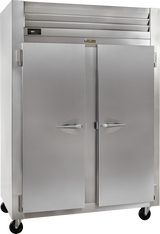 A large commercial stainless steel reach-in refrigerator with two doors, vertical handles, a digital display at the top left, and ventilation above. Mounted on black casters for mobility, it features a brand label centered above the doors.