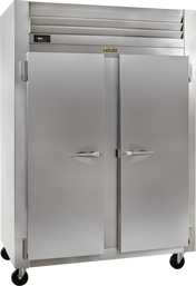 A large commercial stainless steel reach-in refrigerator with two doors, vertical handles, a digital display at the top left, and ventilation above. Mounted on black casters for mobility, it features a brand label centered above the doors.