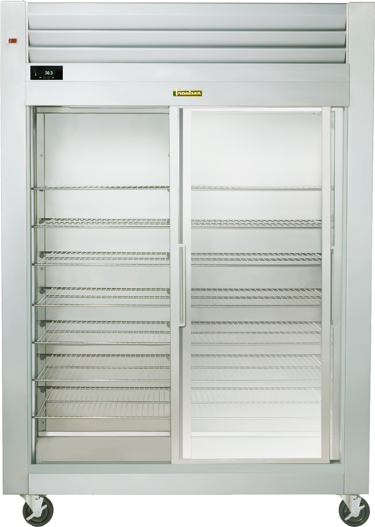 A large, stainless steel Spec-Line Refrigerator with transparent sliding glass doors. This reach-in display unit features empty wire shelves, stands on four wheels, has a digital temperature display, and includes a vented panel at the top.