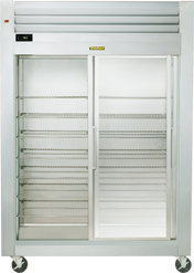 A large, stainless steel Spec-Line Refrigerator with transparent sliding glass doors. This reach-in display unit features empty wire shelves, stands on four wheels, has a digital temperature display, and includes a vented panel at the top.