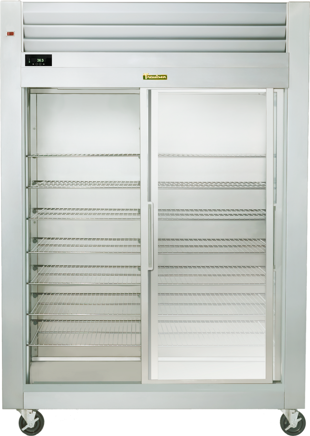 A large, stainless steel Spec-Line Refrigerator with transparent sliding glass doors. This reach-in display unit features empty wire shelves, stands on four wheels, has a digital temperature display, and includes a vented panel at the top.