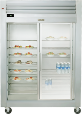 A Spec-Line Reach-in Display refrigerator with sliding glass doors showcases shelves of assorted desserts and fruits on the left, and bottled water on the right. This commercial unit features an electronic temperature display and convenient wheels for mobility.