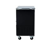A black metal back bar cooler on four caster wheels, viewed from the front against a plain white background. The cabinet has a solid door with a vented section at the bottom and a flat, silver-colored top. Perfect for commercial refrigeration needs.