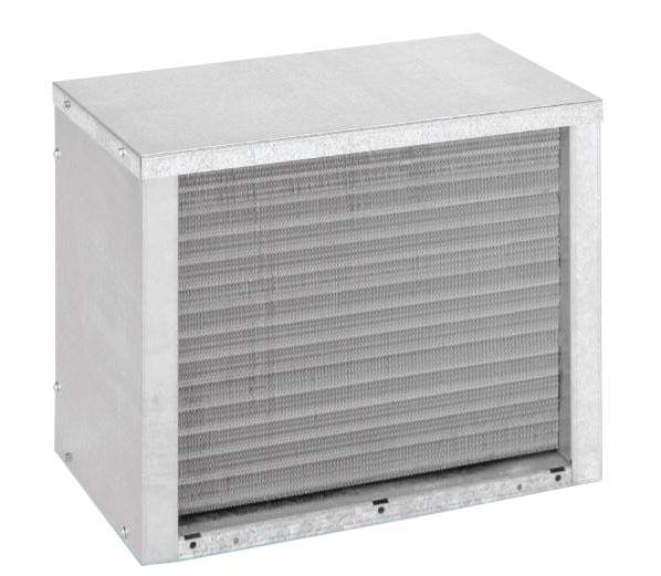 A rectangular Cornelius metal HVAC air coil unit with a vented front panel featuring horizontal fins, enclosed in a silver metal casing, is shown against a plain white background. Designed for use with R404A refrigerant.