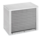 A rectangular Cornelius metal HVAC air coil unit with a vented front panel featuring horizontal fins, enclosed in a silver metal casing, is shown against a plain white background. Designed for use with R404A refrigerant.