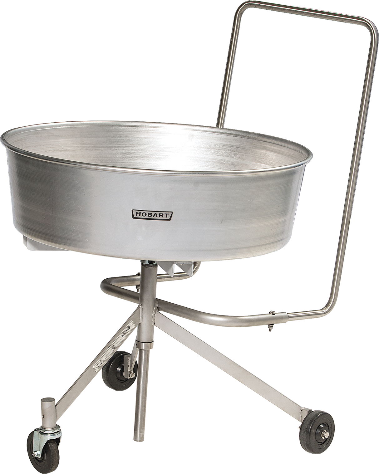 A large, round aluminum tub with three metal legs and wheels for mobility. A tall handle extends upward for pushing. The bowl is labeled “Hobart,” and its clean, utilitarian design is ideal for commercial kitchens.