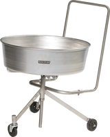 A large, round aluminum tub with three metal legs and wheels for mobility. A tall handle extends upward for pushing. The bowl is labeled “Hobart,” and its clean, utilitarian design is ideal for commercial kitchens.