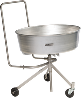A large, round, metal mixing bowl labeled Hobart sits on a wheeled tripod stand with a stainless steel frame and handle. The stand’s three legs include a caster with brake, ensuring mobility and stability for industrial kitchen use.