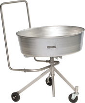 A large, round, metal mixing bowl labeled Hobart sits on a wheeled tripod stand with a stainless steel frame and handle. The stand’s three legs include a caster with brake, ensuring mobility and stability for industrial kitchen use.