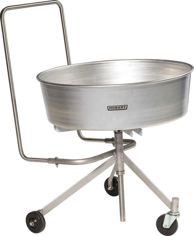 A large, round, metal mixing bowl labeled Hobart sits on a wheeled tripod stand with a stainless steel frame and handle. The stand’s three legs include a caster with brake, ensuring mobility and stability for industrial kitchen use.