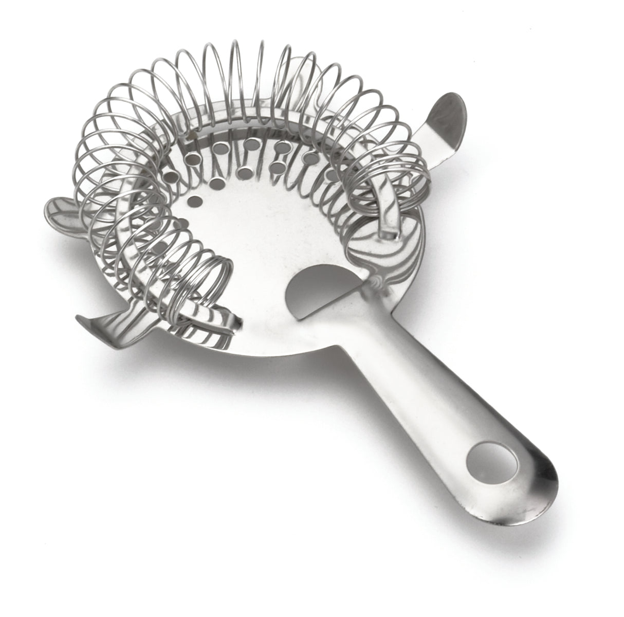 A stainless steel bar strainer with a flat, round head, perforated center, and coiled wire edge. Features a handle with a hanging hole and is dishwasher safe. Placed on a white background.
