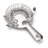 A stainless steel bar strainer with a flat, round head, perforated center, and coiled wire edge. Features a handle with a hanging hole and is dishwasher safe. Placed on a white background.