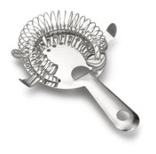 A stainless steel bar strainer with a flat, round head, perforated center, and coiled wire edge. Features a handle with a hanging hole and is dishwasher safe. Placed on a white background.
