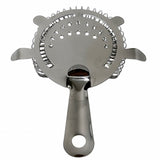 A shiny stainless steel bar strainer with a flat round perforated plate, coiled wire edge, and handle with hanging hole. Three prongs extend from the circular edge. Dishwasher safe and perfect for mixing drinks.