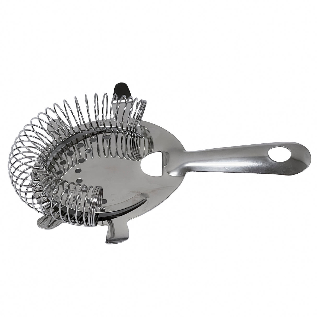 A stainless steel bar strainer with a flat round perforated plate, coil spring edge, and a handle with a hole at the end, designed for straining ice and pulp from mixed drinks. Dishwasher safe. The strainer is positioned on a white background.