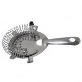 A stainless steel bar strainer with a flat round perforated plate, coil spring edge, and a handle with a hole at the end, designed for straining ice and pulp from mixed drinks. Dishwasher safe. The strainer is positioned on a white background.